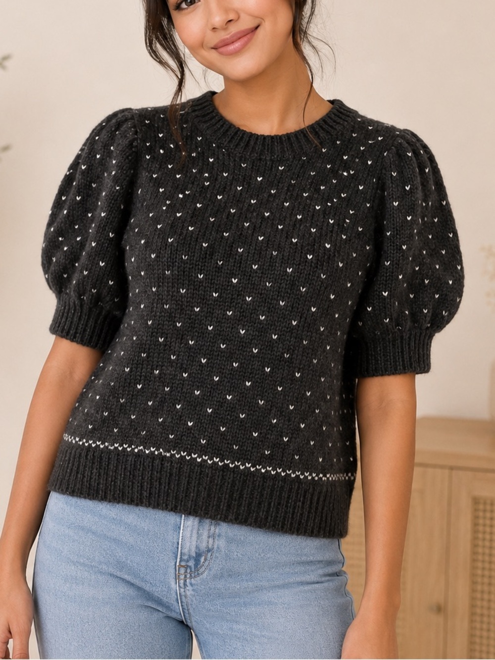 Ann Taylor Charcoal Puff-Sleeve Crew Sweater with White Dot Detail XXS